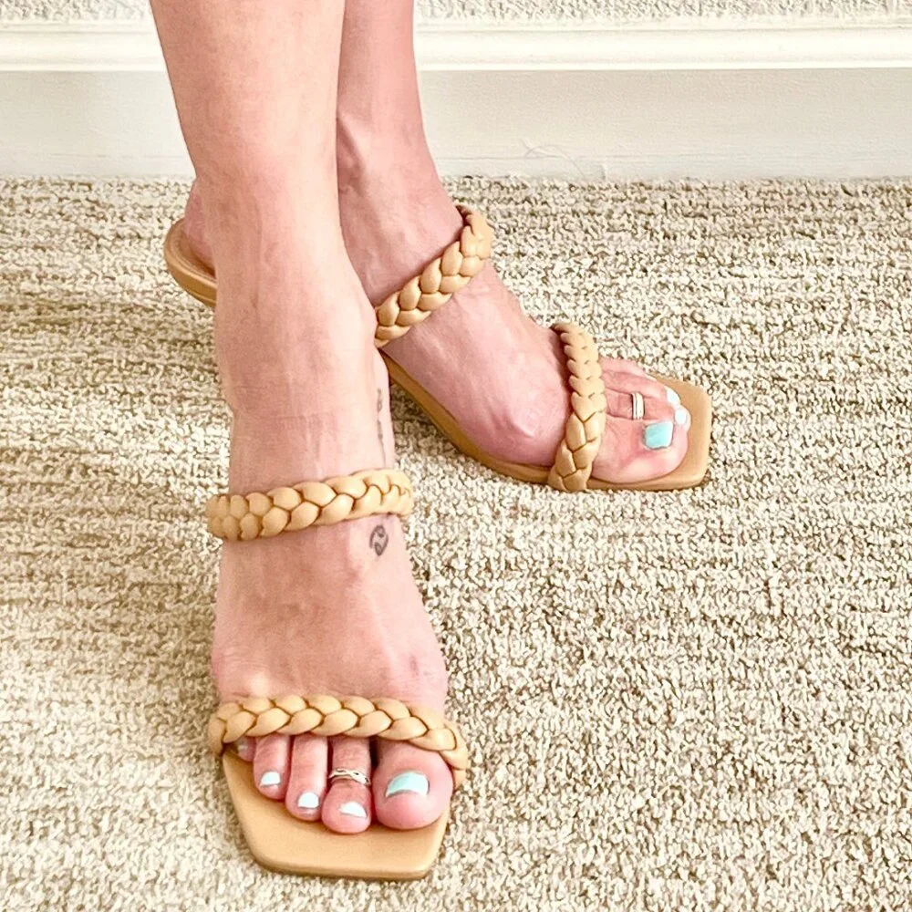 Women's 8.5 Nude Tan Beige Vegan Leather Braided Strappy Square Toe Sandal Heels - Picture 2 of 8